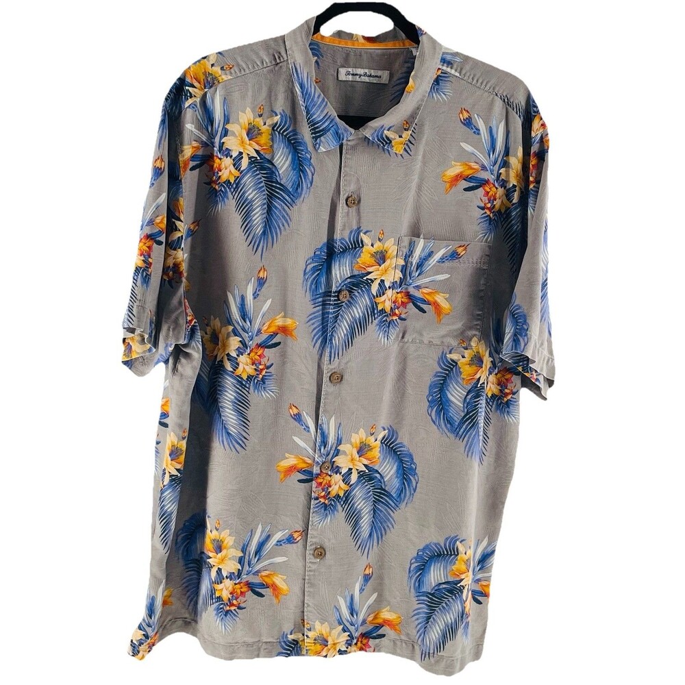 Tommy Bahama Men’s XL 100% Silk Hawaiian Shirt Gray Floral Tropical Luxe Silk